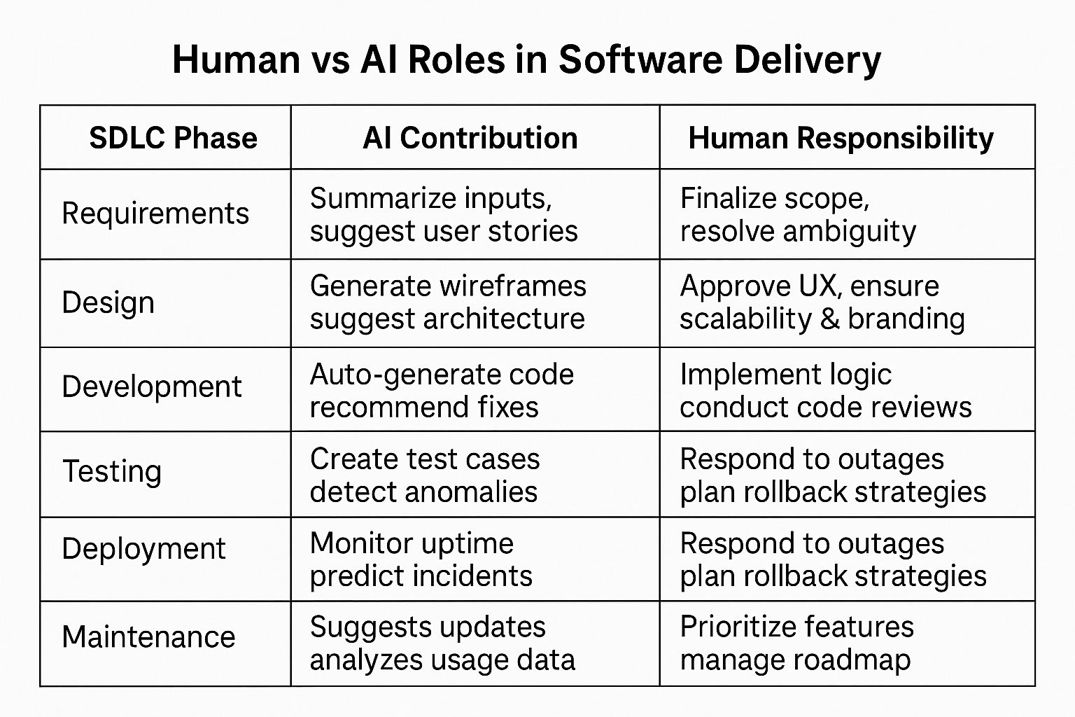 Table comparing AI Contribution and Human Responsibility across six SDLC phases: Requirements (AI suggests stories, Human finalizes scope), Design (AI generates wireframes, Human approves UX), Development (AI generates code, Human reviews), Testing (AI detects anomalies, Human performs QA), Deployment (AI monitors, Human plans rollbacks), and Maintenance (AI analyzes usage, Human manages roadmap).