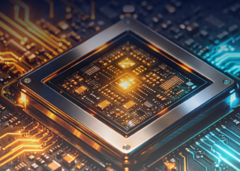 Close-up of a computer processor embedded in a circuit board with orange and blue glowing traces.