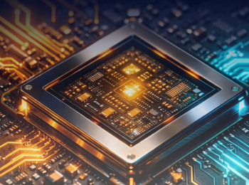 Close-up of a computer processor embedded in a circuit board with orange and blue glowing traces.