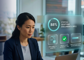 Woman at a laptop with a translucent dashboard showing 88% progress and document verification icons.