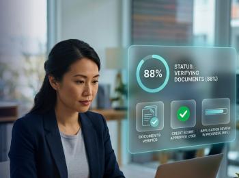 Woman at a laptop with a translucent dashboard showing 88% progress and document verification icons.