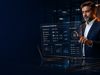 Businessman in a suit points at a transparent digital dashboard displaying charts and a governance framework diagram on a dark background.