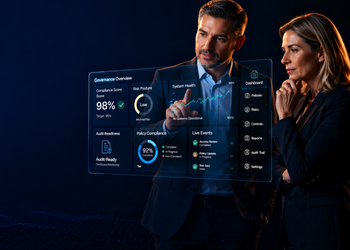 Two business professionals study a floating translucent dashboard showing system health metrics and live events against a dark blue background.