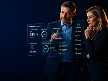 Two business professionals study a floating translucent dashboard showing system health metrics and live events against a dark blue background.
