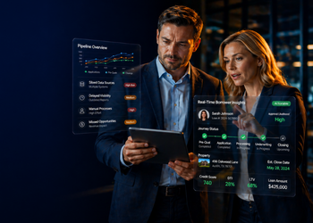 Two professionals review a tablet while holographic dashboards with charts and metrics hover in front of them.
