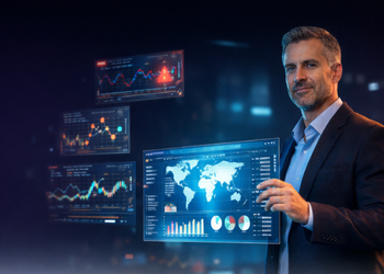 Businessman in a suit stands beside floating analytics screens displaying stock charts and a world map, illustrating financial data analysis.