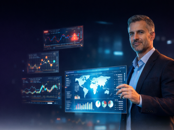 Businessman in a suit stands beside floating analytics screens displaying stock charts and a world map, illustrating financial data analysis.