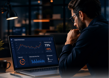 Man wearing glasses sits at a dimly lit desk at night, looking at a laptop displaying a financial dashboard with stock charts, percentages (73% gain, -18%) and bar graphs.