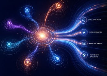 Futuristic data-network visualization with a bright central hub and colored streams linking to labels: Intelligent Image, Faster Resolution, Precise Support, Self-Healing Operations.