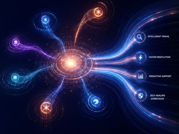 Futuristic data-network visualization with a bright central hub and colored streams linking to labels: Intelligent Image, Faster Resolution, Precise Support, Self-Healing Operations.
