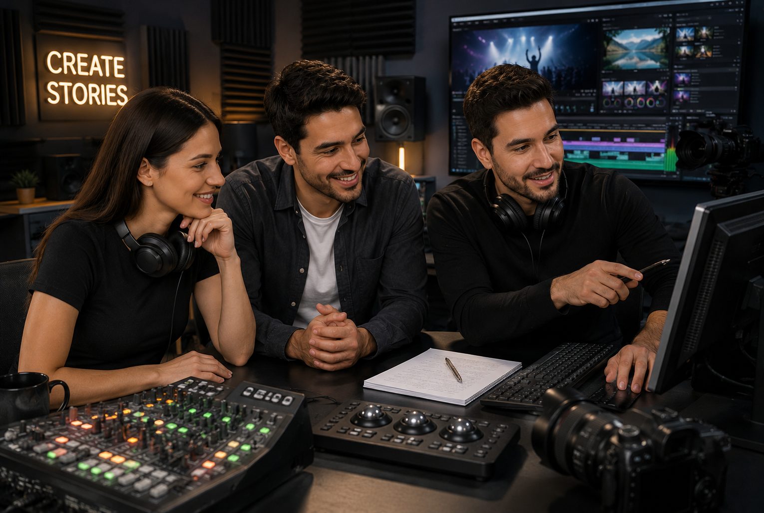 Three people in a video editing studio gathered around a control desk, smiling at a computer screen, with a neon 'CREATE STORIES' sign in the background.