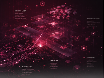 Abstract pink data network with glowing nodes, grids, and scattered keywords (taxonomy, metadata, discovery) representing information systems.