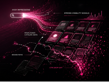 Futuristic pink neon data visualization with a grid of screens and flowing light trails, labeled High Impressions and Strong Visibility Signals.