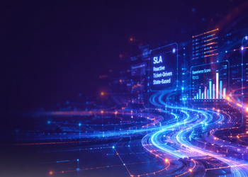Futuristic blue digital network with flowing light trails and holographic charts labeled SLA, symbolizing data analytics and service performance.