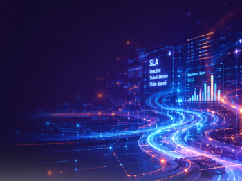 Futuristic blue digital network with flowing light trails and holographic charts labeled SLA, symbolizing data analytics and service performance.