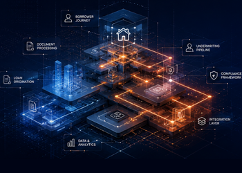 Abstract isometric diagram of blue and orange data blocks connected by glowing lines, symbolizing data analytics and digital infrastructure.