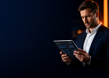 Businessman in a dark suit reading a tablet in a moody, low-lit setting with an orange neon light nearby.