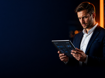 Businessman in a dark suit reading a tablet in a moody, low-lit setting with an orange neon light nearby.