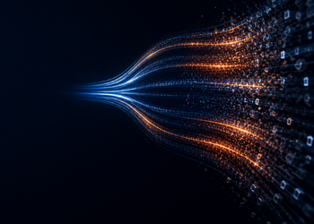 Blue and orange data streams flowing from left to right, symbolizing high-speed digital connectivity.