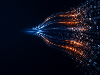 Blue and orange data streams flowing from left to right, symbolizing high-speed digital connectivity.
