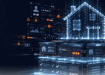 Glowing holographic house outline with floating data panels and checklists, representing a smart home automation and security system.