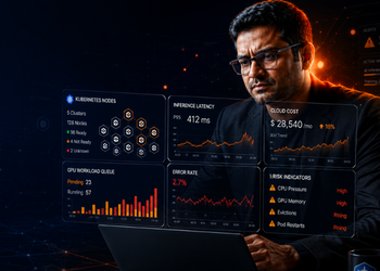 Male data scientist wearing glasses analyzes holographic dashboards displaying latency, cloud cost, GPU workload queue, and indicators.