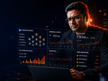 Male data scientist wearing glasses analyzes holographic dashboards displaying latency, cloud cost, GPU workload queue, and indicators.