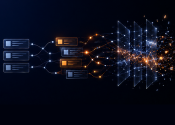Data processing pipeline with blue and orange nodes feeding glowing data into translucent panels on the right.