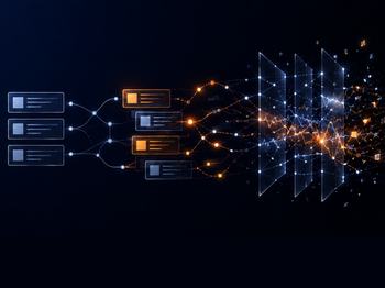 Data processing pipeline with blue and orange nodes feeding glowing data into translucent panels on the right.
