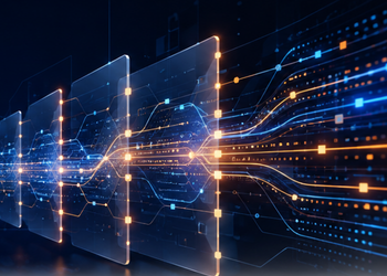 Abstract digital network with glowing orange and blue data streams connecting translucent panels.