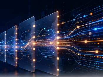 Abstract digital network with glowing orange and blue data streams connecting translucent panels.