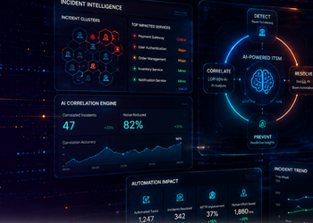 Futuristic dashboard with incident intelligence metrics, AI correlation engine, and automation impact charts.