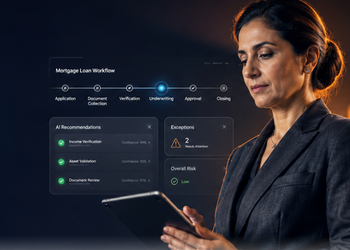 Businesswoman holding a tablet with a floating mortgage loan workflow timeline and AI recommendations.
