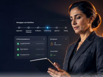 Businesswoman holding a tablet with a floating mortgage loan workflow timeline and AI recommendations.