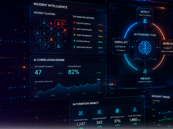 Futuristic dashboard with incident intelligence metrics, AI correlation engine, and automation impact charts.